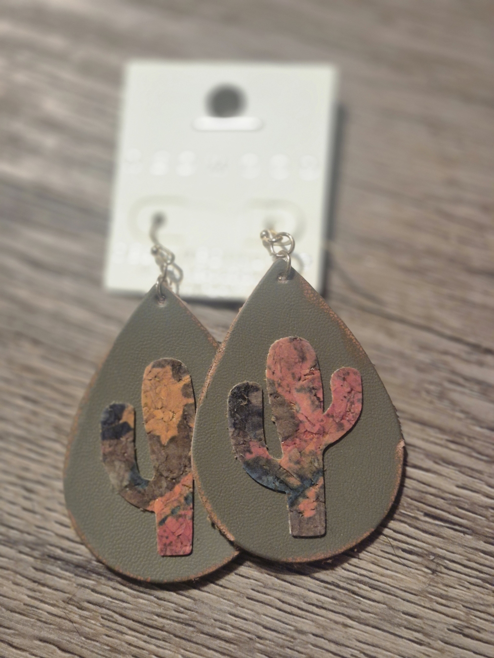 Olive Green Teardrop Earrings with Multicolor Cork Cactus Inlay